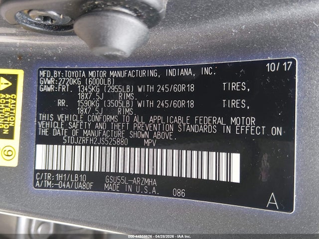 5TDJZRFH2JS525880 Toyota Highlander Xle