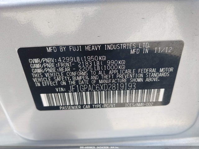 44956629 :رقم المزاد ، JF1GPAC6XD2819193 vin ، 2013 Subaru Impreza 2.0i Premium مزاد بيع