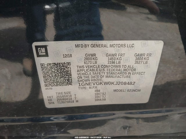 44956630 :رقم المزاد ، 1GNEVGKW0KJ208482 vin ، 2019 Chevrolet Traverse 1lt مزاد بيع