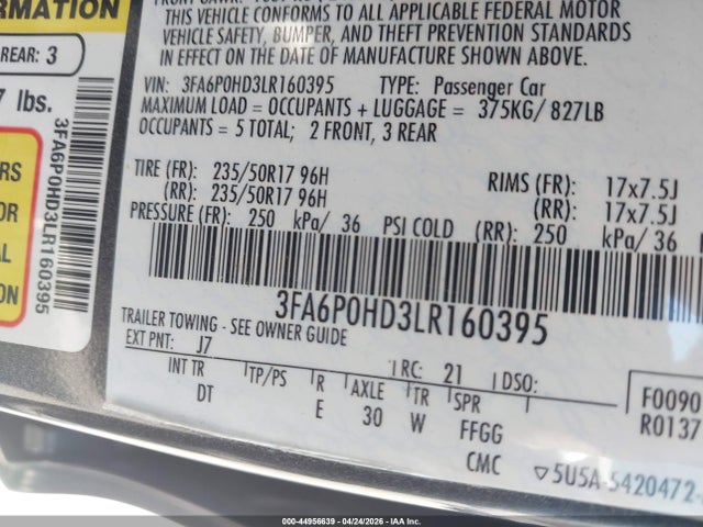 Auction sale of the 2020 Ford Fusion Se, vin: 3FA6P0HD3LR160395, lot number: 44956639
