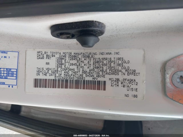 Aukcja sprzedaży 2004 Toyota Sienna Xle/xle Limited, vin: 5TDZA22C64S156683, numer aukcji: 44956653