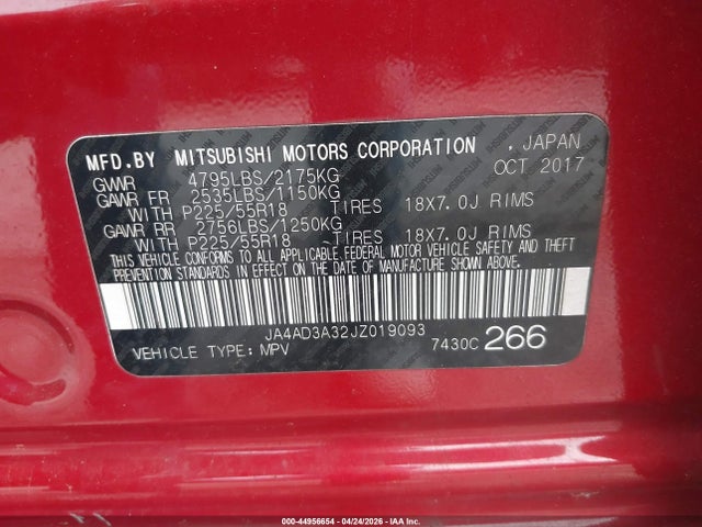 44956654 :رقم المزاد ، JA4AD3A32JZ019093 vin ، 2018 Mitsubishi Outlander Le مزاد بيع
