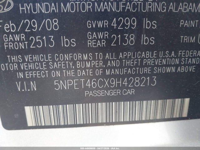 Auction sale of the 2009 Hyundai Sonata Gls, vin: 5NPET46CX9H428213, lot number: 44956659