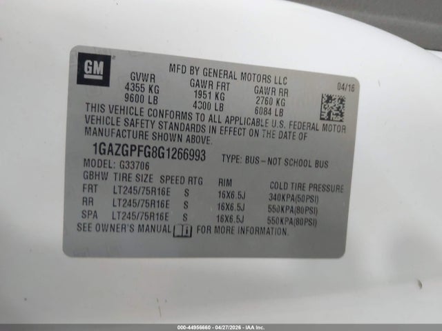 Продажа на аукционе авто 2016 Chevrolet Express 3500 Lt, vin: 1GAZGPFG8G1266993, номер лота: 44956660