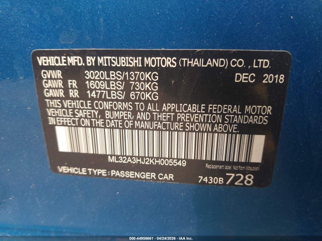 Продаж на аукціоні авто 2019 Mitsubishi Mirage Es, vin: ML32A3HJ2KH005549, номер лоту: 44956661