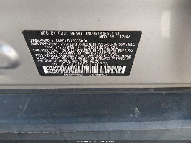 Aukcja sprzedaży 2009 Subaru Forester 2.5x, vin: JF2SH61659H776776, numer aukcji: 44956677