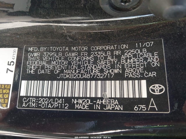 Aukcja sprzedaży 2008 Toyota Prius, vin: JTDKB20U487732717, numer aukcji: 44956695