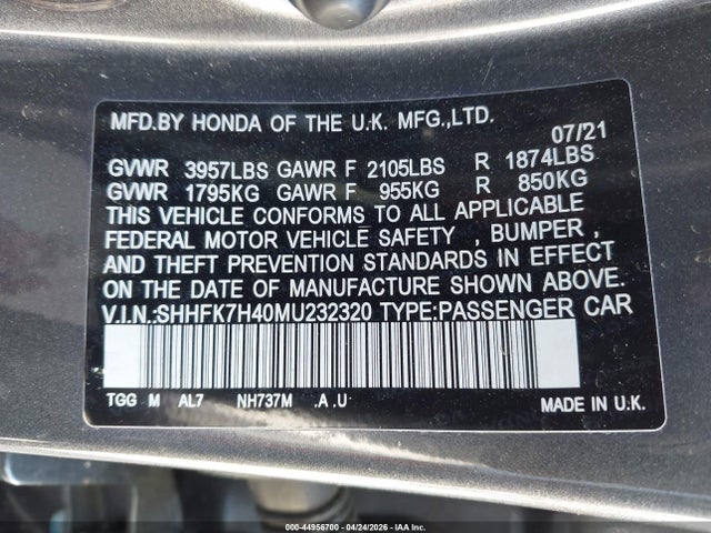 SHHFK7H40MU232320 Honda Civic Sport