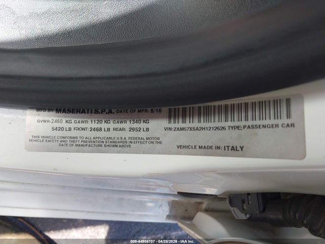 2017 Maserati Ghibli მანქანა იყიდება აუქციონზე, vin: ZAM57XSA2H1212626, აუქციონის ნომერი: 44956707