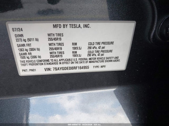 Продаж на аукціоні авто 2024 Tesla Model Y Long Range Single Motor Rear-wheel Drive/rwd, vin: 7SAYGDED8RF164955, номер лоту: 44956710