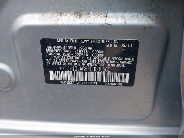 Aukcja sprzedaży 2014 Subaru Impreza 2.0i Limited, vin: JF1GJAG63EH005560, numer aukcji: 44956725