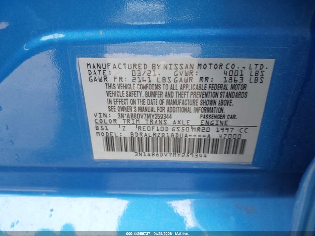 2021 Nissan Sentra Sr Xtronic Cvt მანქანა იყიდება აუქციონზე, vin: 3N1AB8DV7MY259344, აუქციონის ნომერი: 44956737