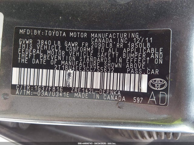 Aukcja sprzedaży 2012 Toyota Corolla Le, vin: 2T1BU4EE3CC755632, numer aukcji: 44956743
