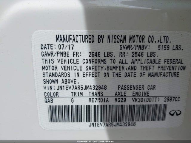 2018 Infiniti Q50 3.0t Luxe მანქანა იყიდება აუქციონზე, vin: JN1EV7AR5JM432948, აუქციონის ნომერი: 44956750