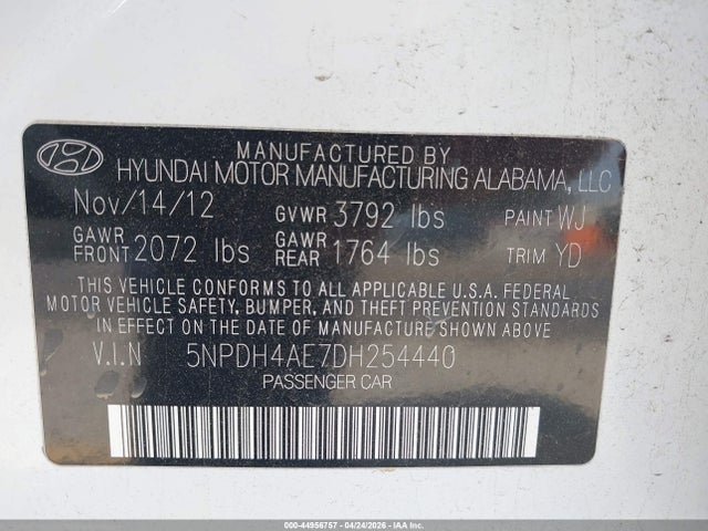 44956757 :رقم المزاد ، 5NPDH4AE7DH254440 vin ، 2013 Hyundai Elantra Gls مزاد بيع