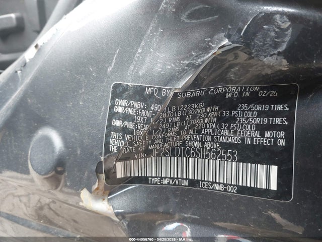 2025 Subaru Forester Touring მანქანა იყიდება აუქციონზე, vin: JF2SLDTC6SH562553, აუქციონის ნომერი: 44956760