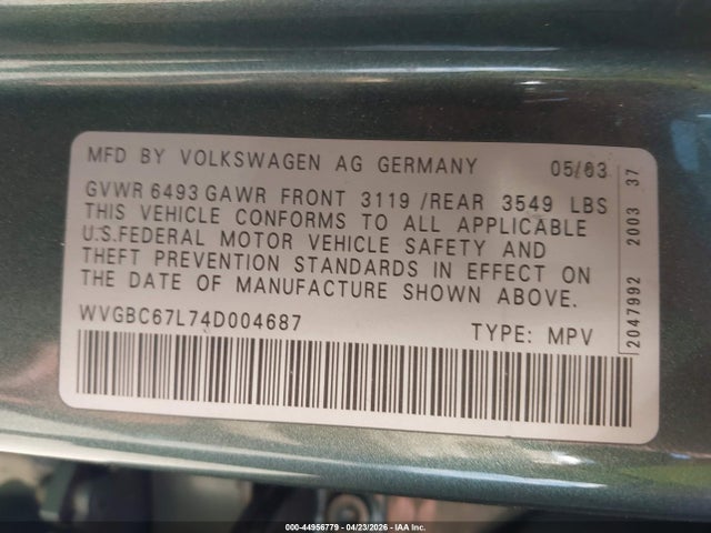 2004 Volkswagen Touareg V6 მანქანა იყიდება აუქციონზე, vin: WVGBC67L74D004687, აუქციონის ნომერი: 44956779