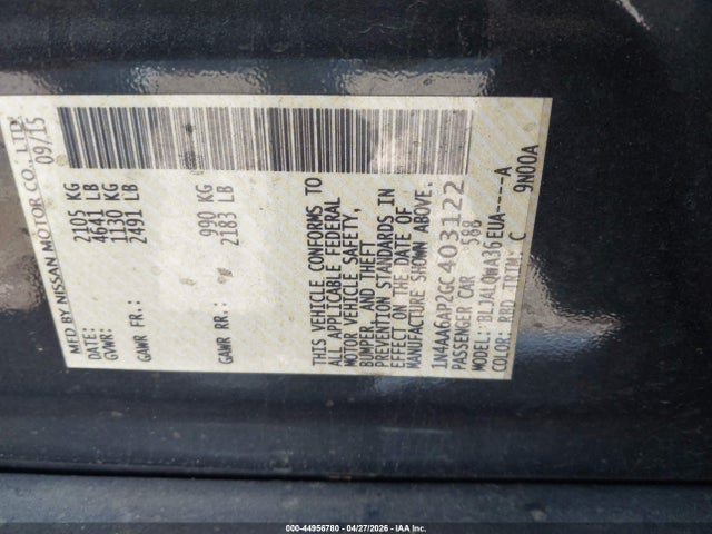 Aukcja sprzedaży 2016 Nissan Maxima 3.5 S, vin: 1N4AA6AP2GC403122, numer aukcji: 44956780