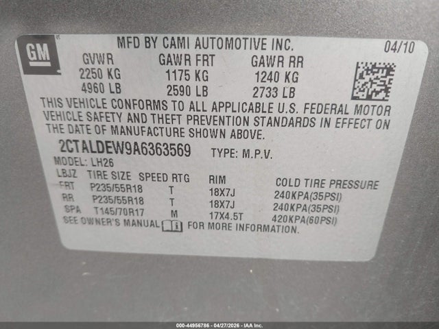 Aukcja sprzedaży 2010 Gmc Terrain Sle-2, vin: 2CTALDEW9A6363569, numer aukcji: 44956786