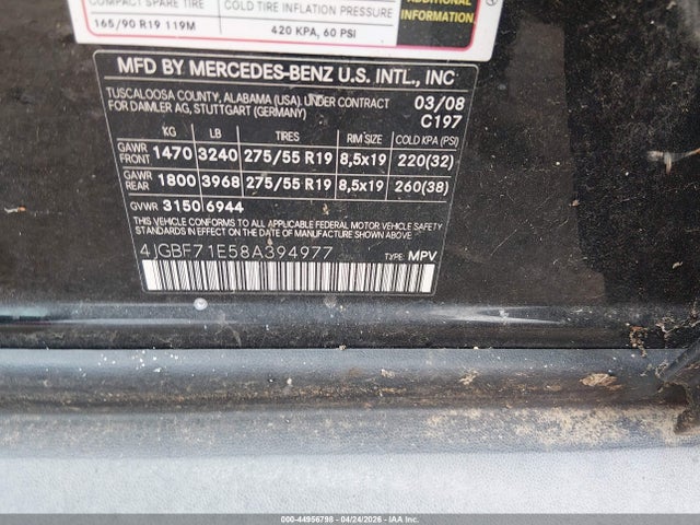 Aukcja sprzedaży 2008 Mercedes-benz Gl 450 4matic, vin: 4JGBF71E58A394977, numer aukcji: 44956798