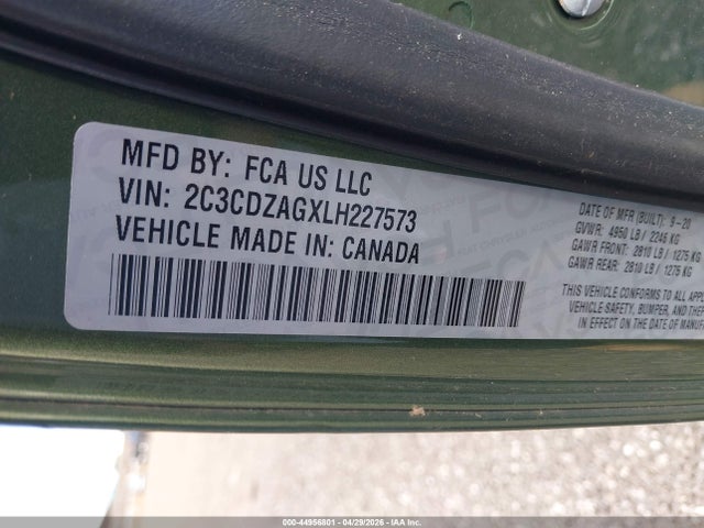 44956801 :رقم المزاد ، 2C3CDZAGXLH227573 vin ، 2020 Dodge Challenger Sxt مزاد بيع
