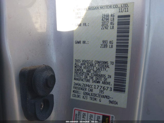 2012 Nissan Altima 2.5 S მანქანა იყიდება აუქციონზე, vin: 1N4AL2EP4CC177673, აუქციონის ნომერი: 44956805