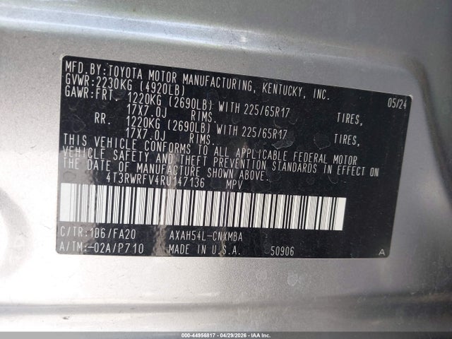 44956817 :رقم المزاد ، 4T3RWRFV4RU147136 vin ، 2024 Toyota Rav4 Hybrid Xle مزاد بيع