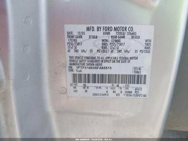 44956820 :رقم المزاد ، 1FTPX145X6FA65515 vin ، 2006 Ford F-150 Fx4/lariat/xl/xlt مزاد بيع