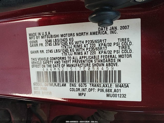 Продаж на аукціоні авто 2007 Mitsubishi Endeavor Ls, vin: 4A4MN21S17E058459, номер лоту: 44956833
