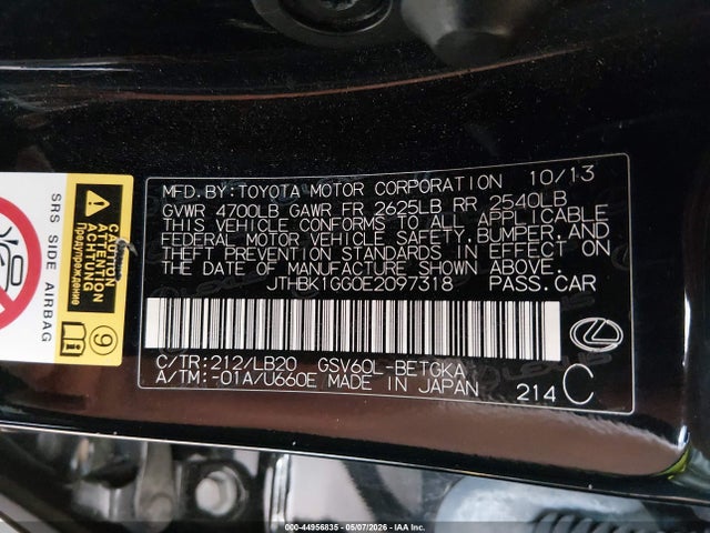 Продаж на аукціоні авто 2014 Lexus Es 350, vin: JTHBK1GG0E2097318, номер лоту: 44956835