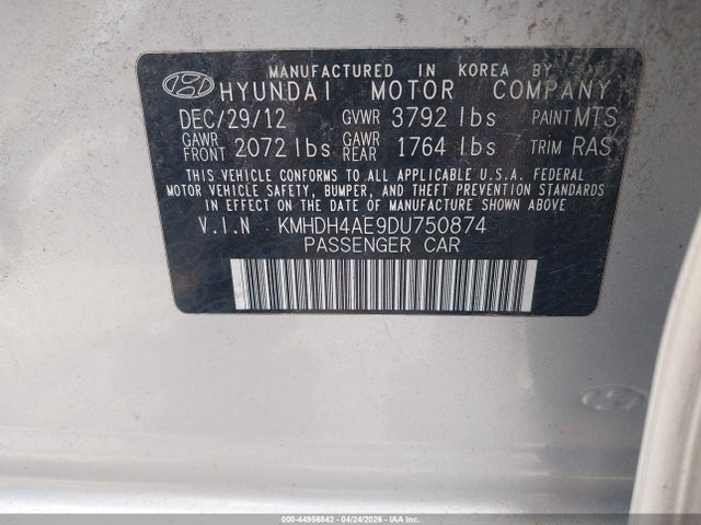 44956842 :رقم المزاد ، KMHDH4AE9DU750874 vin ، 2013 Hyundai Elantra Limited مزاد بيع