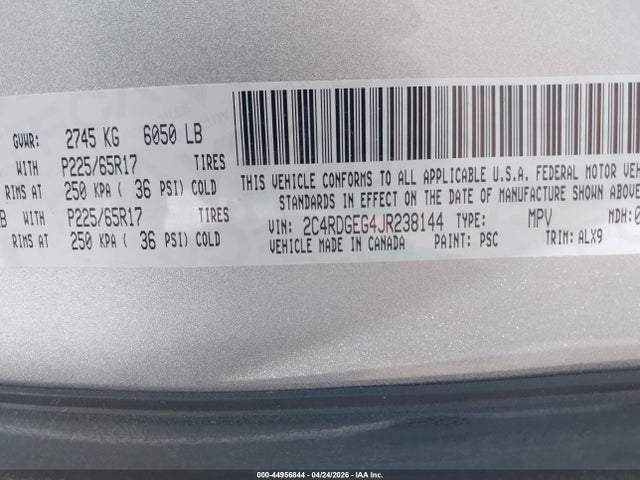 Продаж на аукціоні авто 2018 Dodge Grand Caravan Gt, vin: 2C4RDGEG4JR238144, номер лоту: 44956844