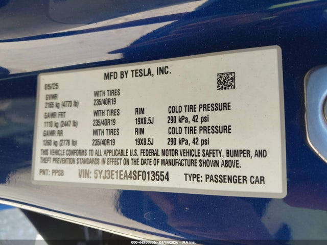 5YJ3E1EA4SF013554 Tesla Model 3 Long Range Rear-wheel Drive/standard Rear-wheel Drive