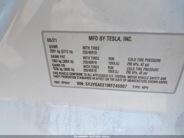 5YJYGAEE1MF245907 Tesla Model Y Long Range Dual Motor All-wheel Drive