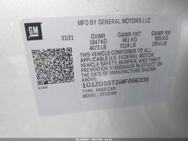 Продажа на аукционе авто 2021 Chevrolet Malibu Fwd Lt, vin: 1G1ZD5ST2MF066335, номер лота: 44956861
