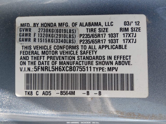 Auction sale of the 2012 Honda Odyssey Ex-l, vin: 5FNRL5H6XCB075511, lot number: 44956862
