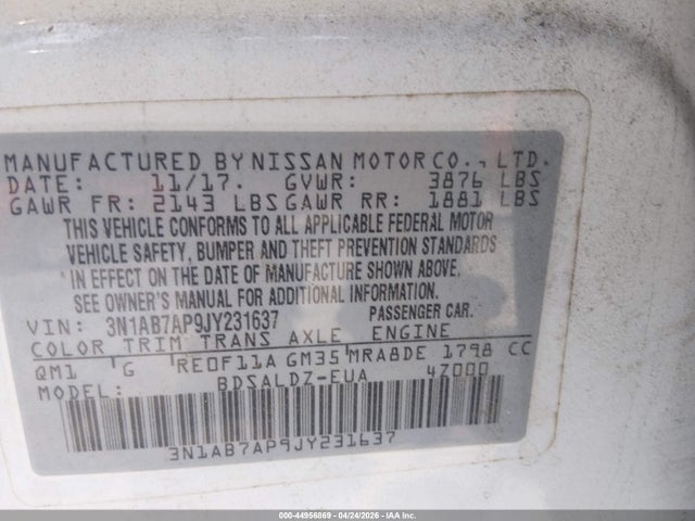 Aukcja sprzedaży 2018 Nissan Sentra Sv, vin: 3N1AB7AP9JY231637, numer aukcji: 44956869