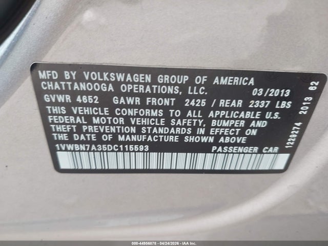 2013 Volkswagen Passat 2.0l Tdi Se მანქანა იყიდება აუქციონზე, vin: 1VWBN7A35DC115593, აუქციონის ნომერი: 44956878