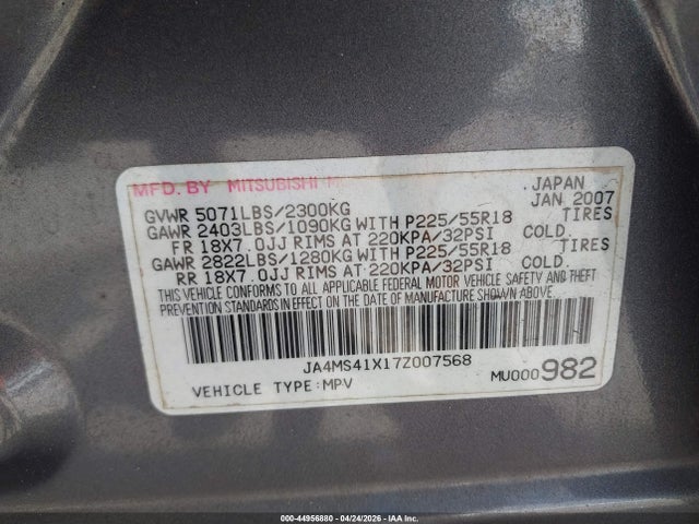 Aukcja sprzedaży 2007 Mitsubishi Outlander Xls, vin: JA4MS41X17Z007568, numer aukcji: 44956880