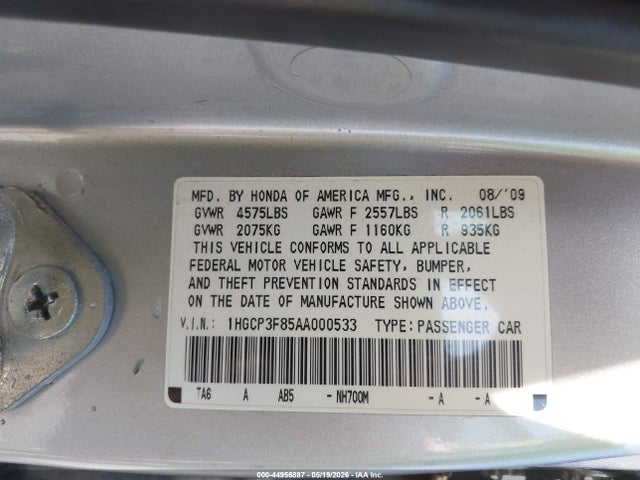 44956887 :رقم المزاد ، 1HGCP3F85AA000533 vin ، 2010 Honda Accord 3.5 Ex-l مزاد بيع