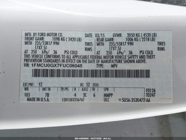 Aukcja sprzedaży 2015 Ford Escape Se, vin: 1FMCU0GX7FUC06045, numer aukcji: 44956898