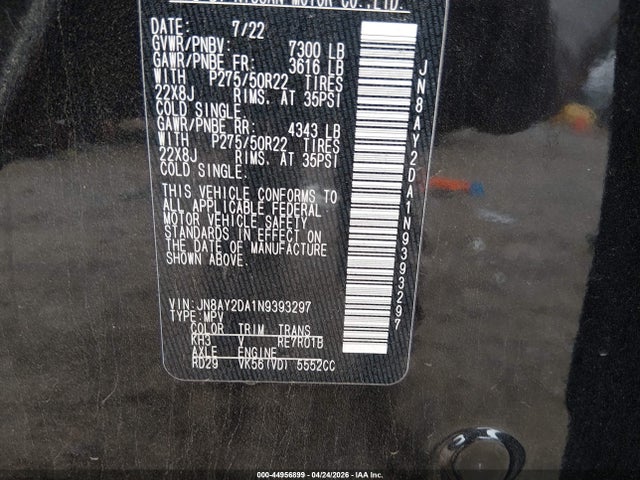 Aukcja sprzedaży 2022 Nissan Armada Platinum 2wd, vin: JN8AY2DA1N9393297, numer aukcji: 44956899