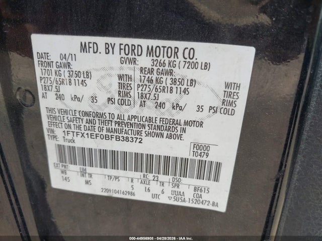 44956908 :رقم المزاد ، 1FTFX1EF0BFB38372 vin ، 2011 Ford F-150 Xlt مزاد بيع