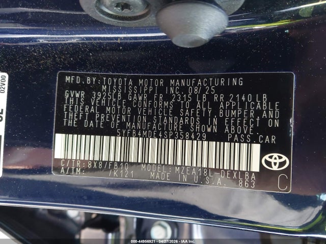 Aukcja sprzedaży 2025 Toyota Corolla Le, vin: 5YFB4MDE4SP358429, numer aukcji: 44956921