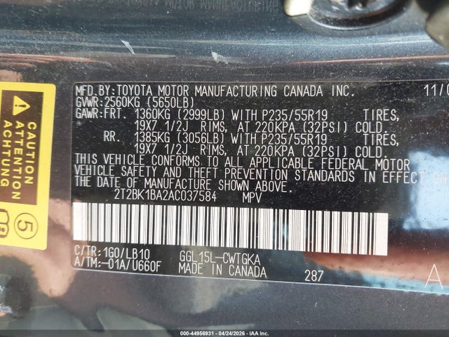 44956931 :رقم المزاد ، 2T2BK1BA2AC037584 vin ، 2010 Lexus Rx 350 مزاد بيع