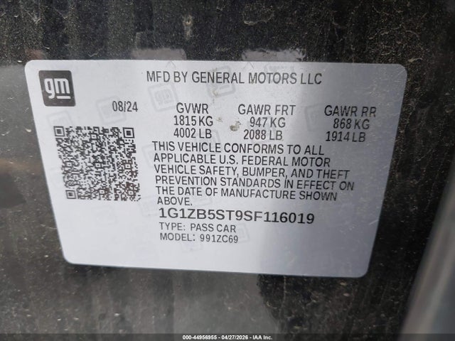 2025 Chevrolet Malibu Fwd Ls მანქანა იყიდება აუქციონზე, vin: 1G1ZB5ST9SF116019, აუქციონის ნომერი: 44956955
