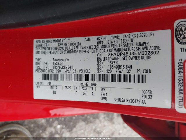 44956979 :رقم المزاد ، 3FADP4EJ3EM202802 vin ، 2014 Ford Fiesta Se مزاد بيع