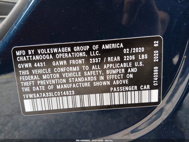 44956982 :رقم المزاد ، 1VWSA7A33LC014823 vin ، 2020 Volkswagen Passat 2.0t Se مزاد بيع