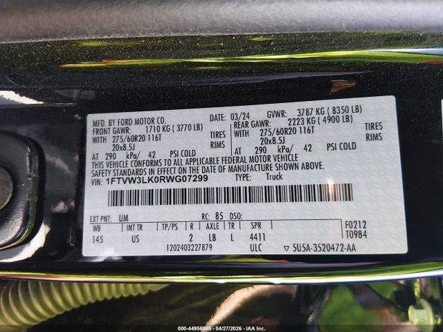 Aukcja sprzedaży 2024 Ford F-150 Lightning Xlt, vin: 1FTVW3LK0RWG07299, numer aukcji: 44956985