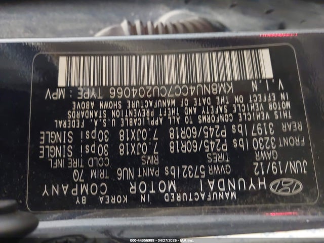 44956988 :رقم المزاد ، KM8NU4CC7CU204066 vin ، 2012 Hyundai Veracruz Limited مزاد بيع